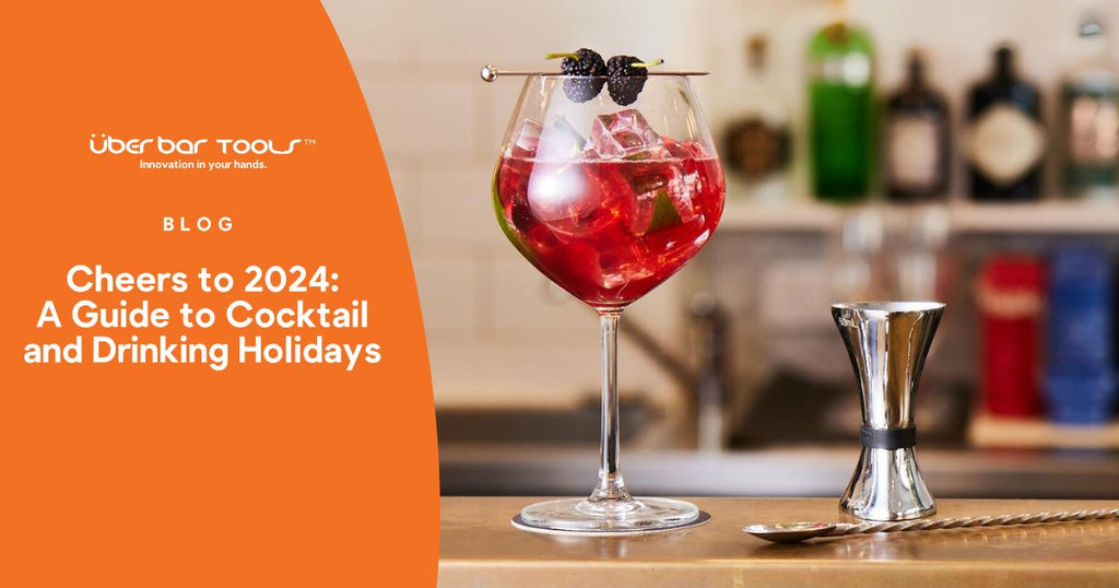 Cocktail with blueberry garnish, jigger and bar spoon on the bar counter with text saying A Guide to Cocktail and Drinking Holidays